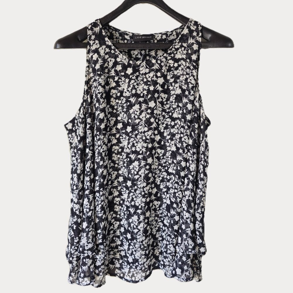 Lane Bryant Black White Floral  High Low Sleeveless Swing Chiffon Blouse Size L